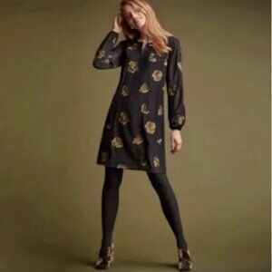 Cabi Women's Black Swiss Dot Gold Embroidered Floral Occasion Dress Size Small